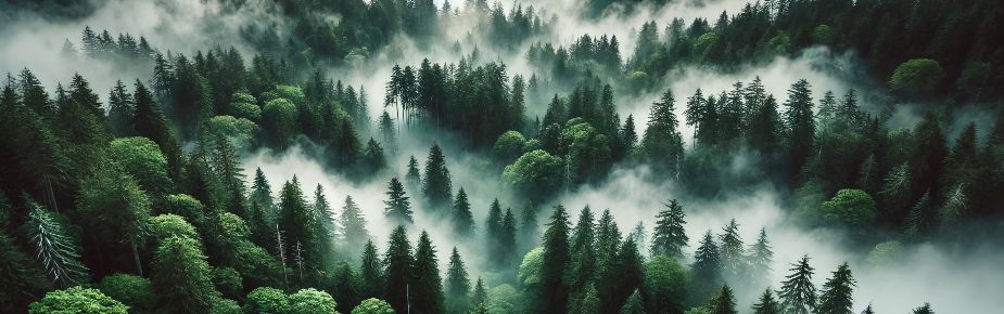 green forest, mist