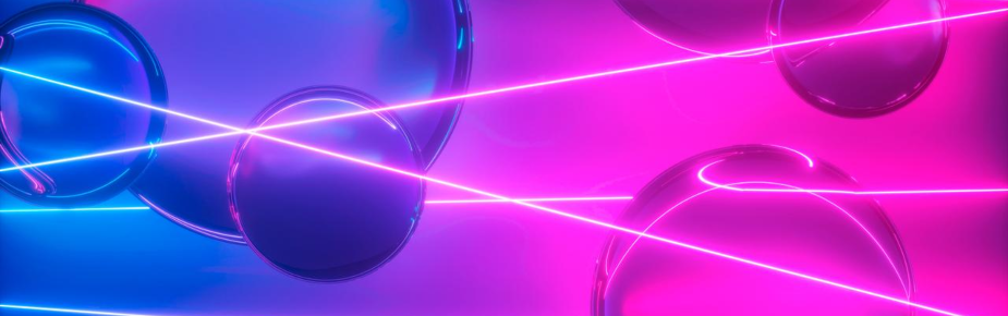 3d render, abstract neon background with glass balls and laser rays